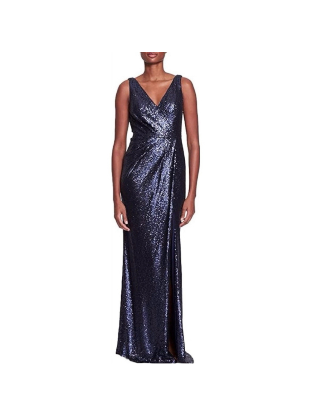 Marchesa Notte Atrani Midnight Navy Sequin Gown Dress Front Slit Formal US 8